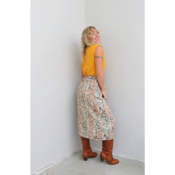 1980's Vintage Norton McNaughton Clay & Teal Skirt ~ Women's XS to SM ~Midi Day - Picture 5 of 10